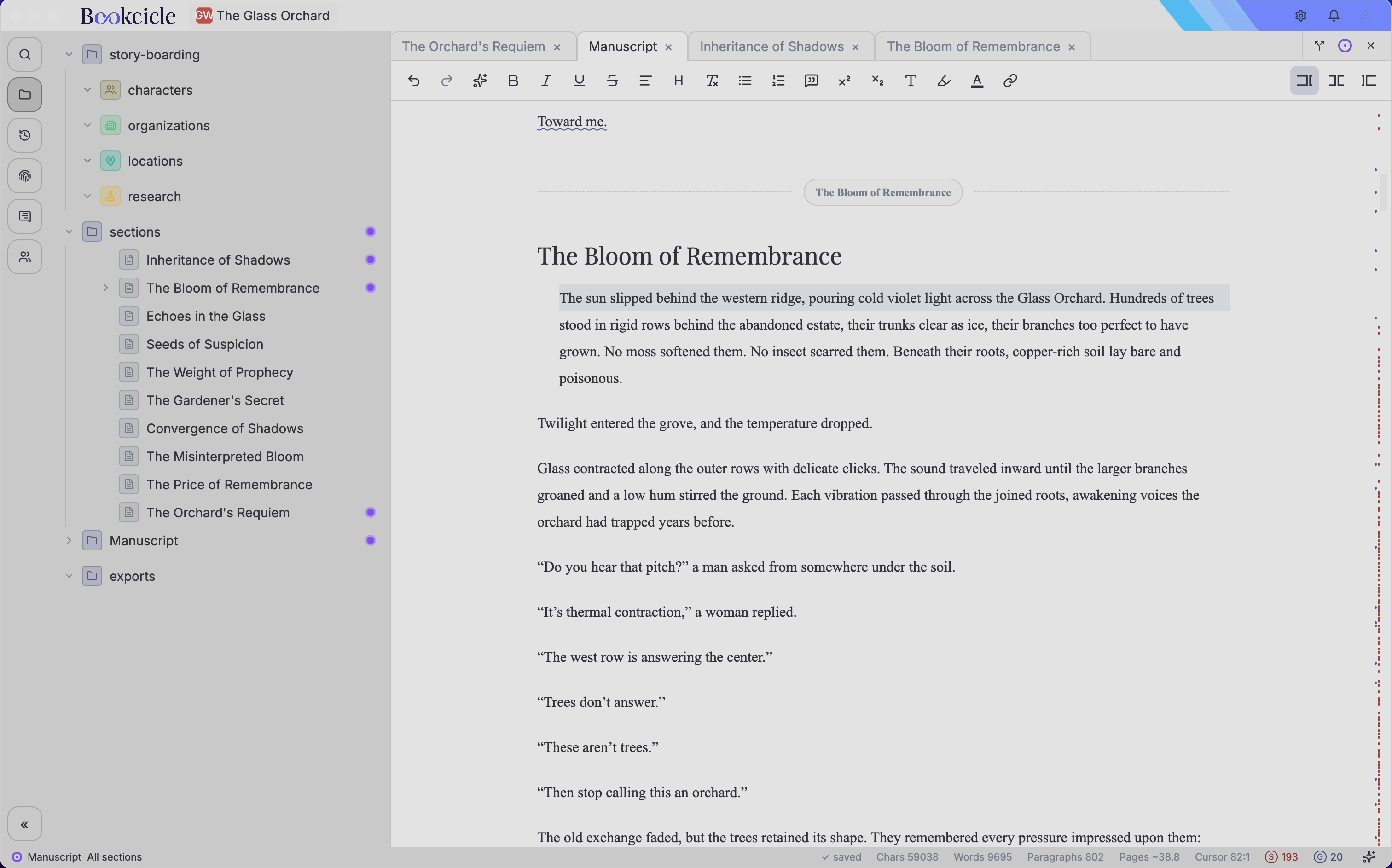 Bookcicle Studio desktop writing workspace with document chapters and an open draft