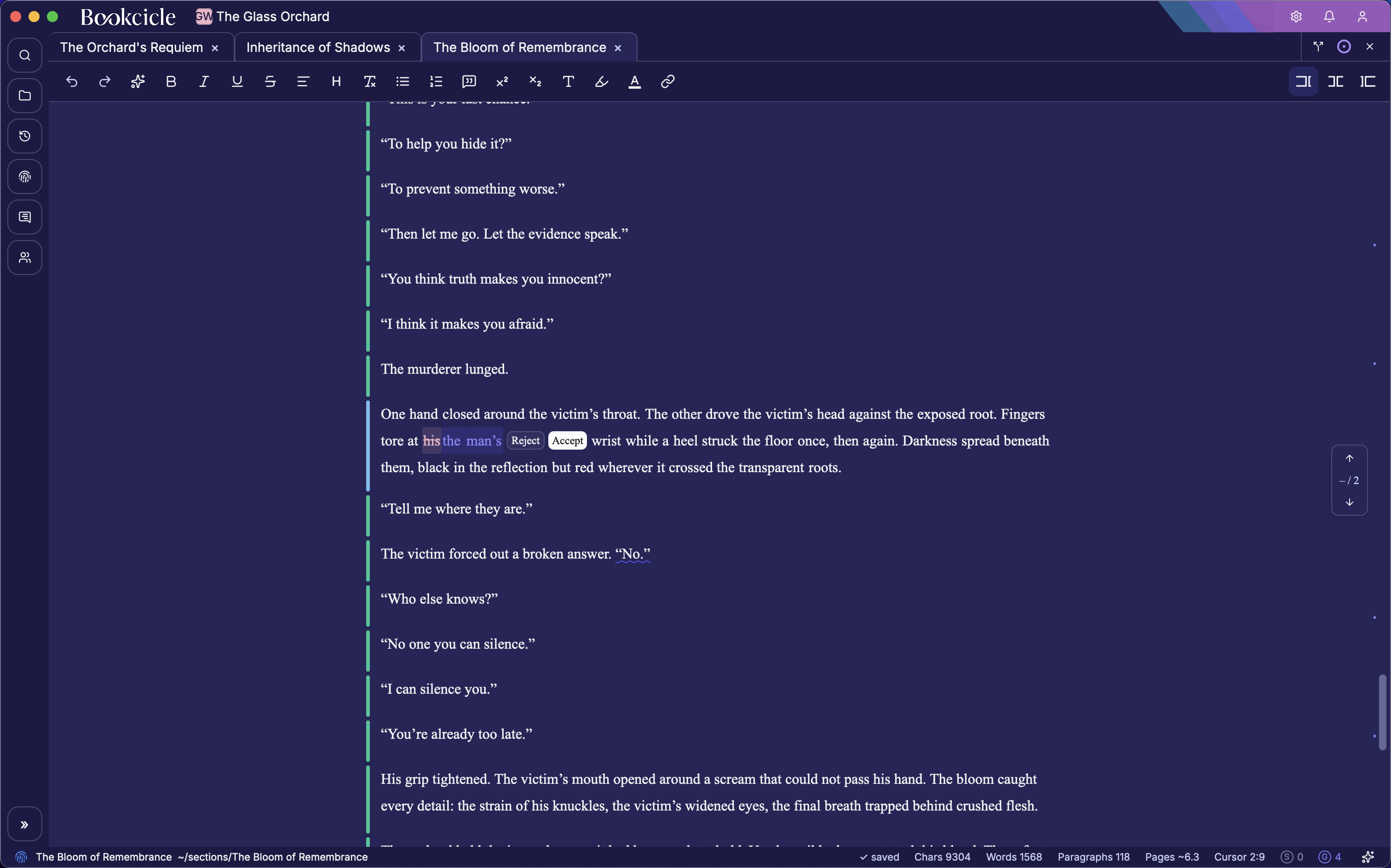 Native Studio Editor in dark mode showing an inline revision with individual Reject and Accept controls.