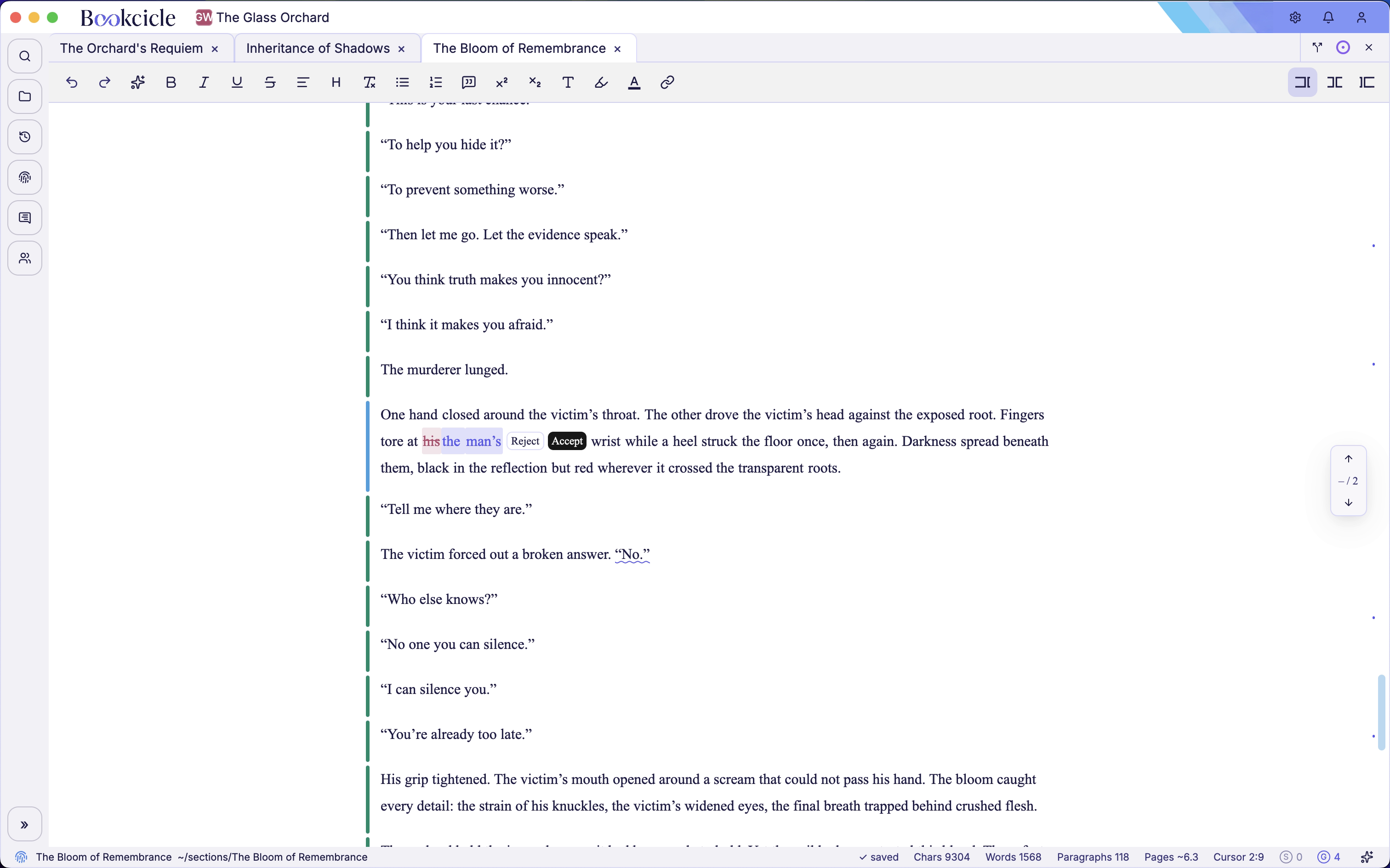 Native Studio Editor in light mode showing an inline revision with individual Reject and Accept controls.